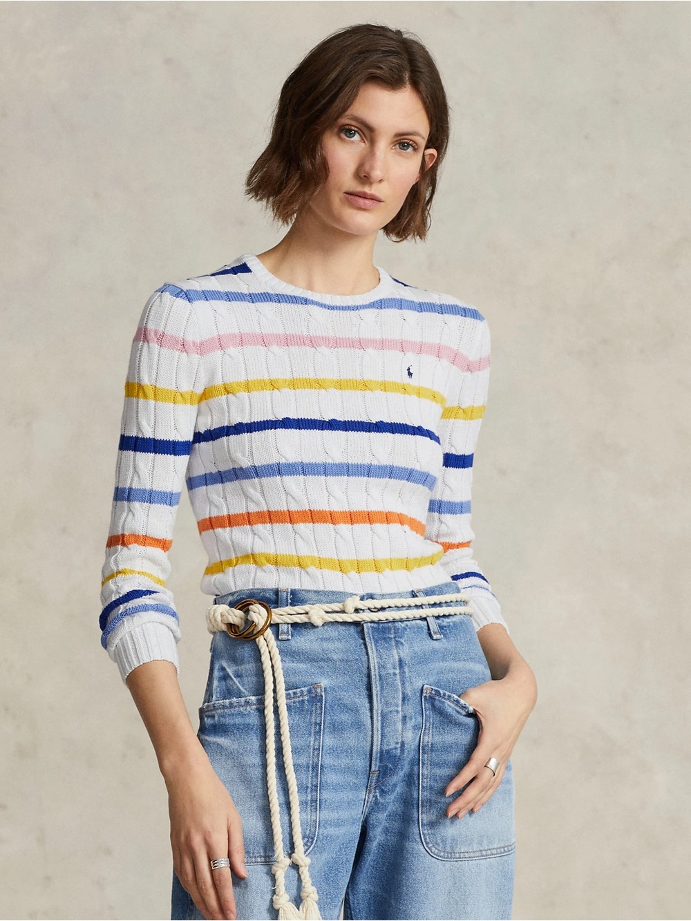 Polo Ralph Lauren Julianna White Striped Cable Knit Sweater Cotton Size Small - Picture 2 of 11